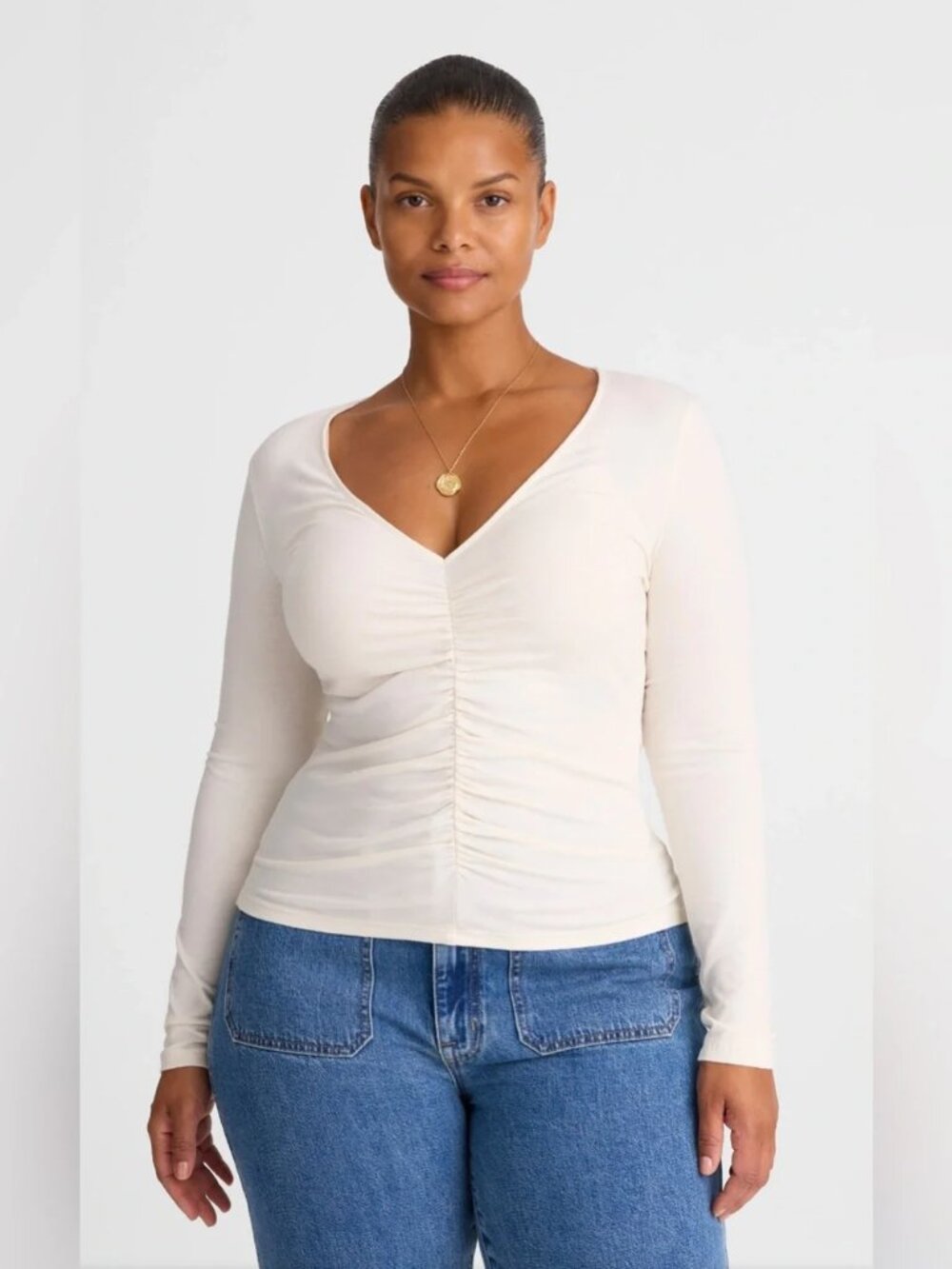 Madewell Cream Slinky V-Neck Long Sleeve Top S NWT